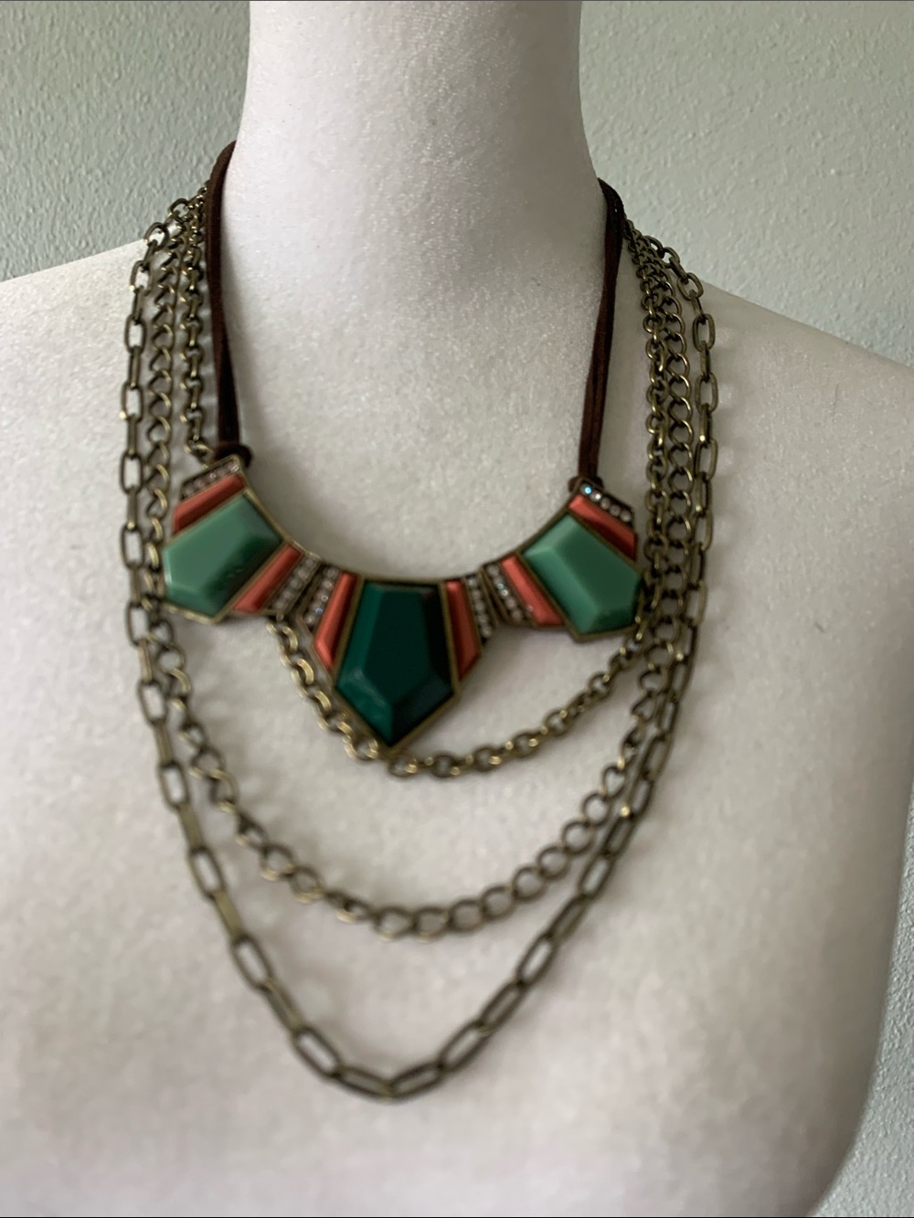Layered Brass ChainStatement Necklace with Green and  Orange Acrylic  Stones